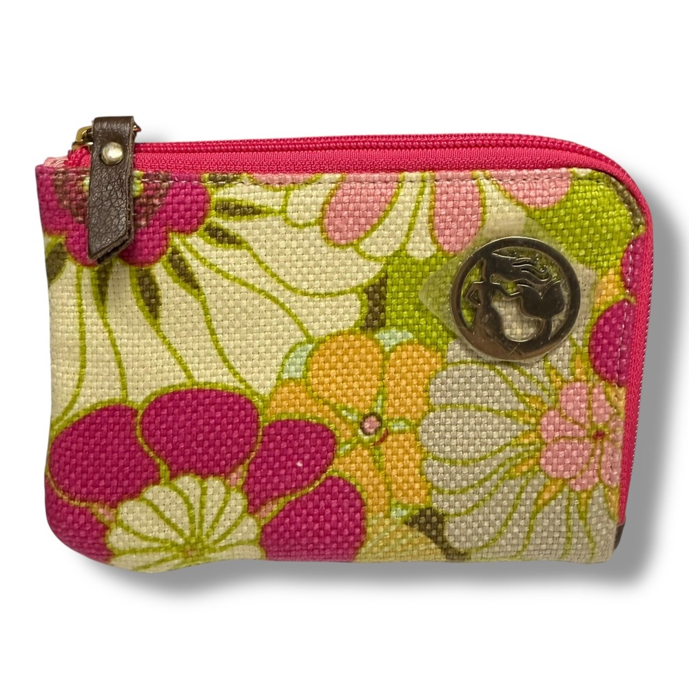 Spartina 449 Natural Linen Floral Coin Purse Coastal Preppy Pink Green NEW